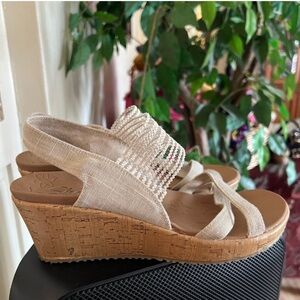 Skechers Cream and Brown Wedge Sandals with Strappy Design